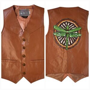 Vintage Oakton Ltd Leather Vest Dragonfly Men's 38 Regular Brown Tan Boho READ